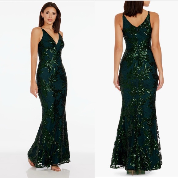 Dress The Population Sharon Embellished Lace‎ Evening Gown Pine Green XS NEW
